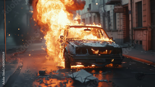 A car erupts in fiery flames amid an urban street at dusk.