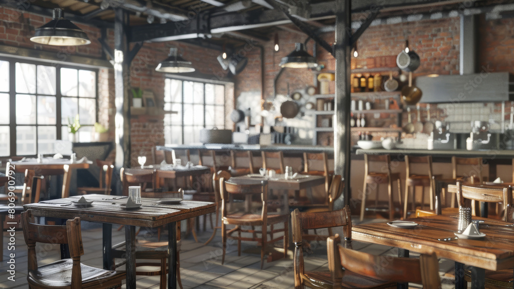 Rustic charm fills this cozy, sunlit industrial-style café interior.