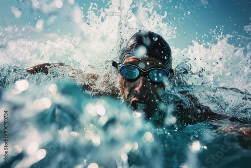 close up shot of a swimmer swimming with swimming cap and googles