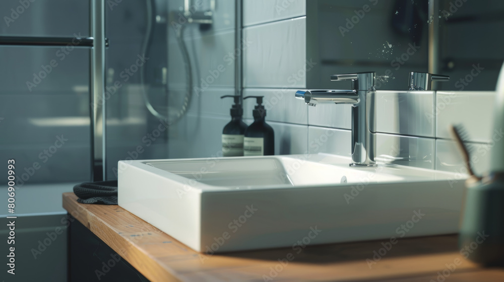 Fototapeta premium Modern bathroom with sleek fittings, reflecting a refined, minimalist aesthetic.