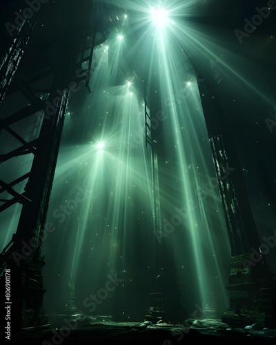 Stage lights and spotlights on a dark background. Night scene.