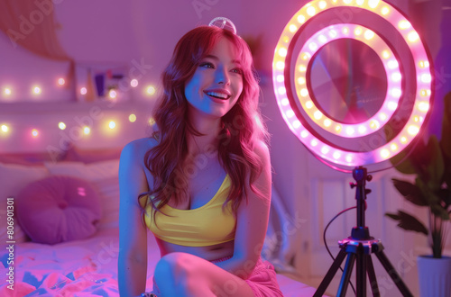 A beautiful redhead teenage girl in pink shorts and yellow top is using ring light for live streaming on her Instagram, in the background there's an aesthetic bedroom with neon lights © Kien