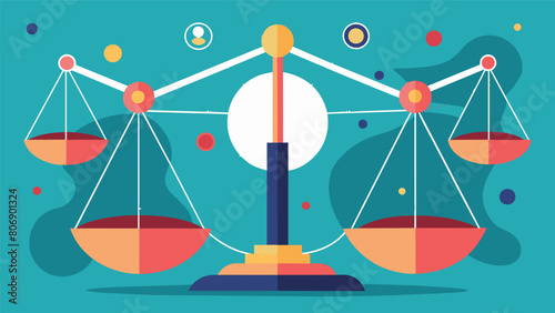 A set of balanced scales representing the concept of justice hovering over a complex web of interconnected issues and systems.. Vector illustration