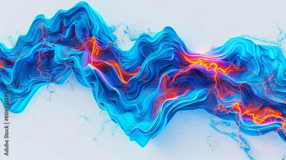  waves of electric blue intersecting with neon orange and red flashes, forming a bold and futuristic abstract design on a white canvas