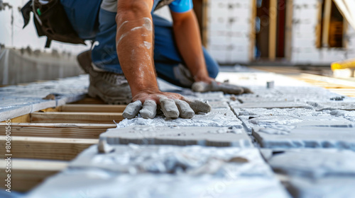 Close-up of a construction worker's hands installing ceramic floor tiles at a construction site.