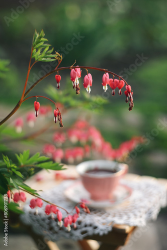 A photo of a cup of tea next to a dicenter bush. photo