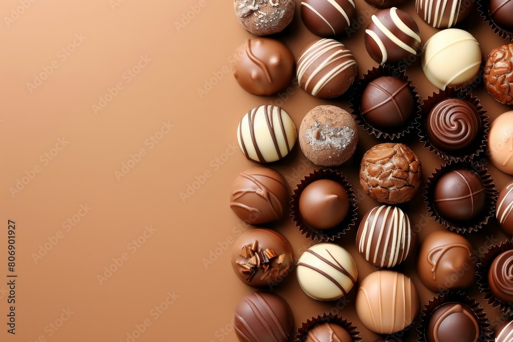 Elegant chocolate assortment on branding background with rich colors and designs Elegant chocolate assortment on branding background with rich colors and designs