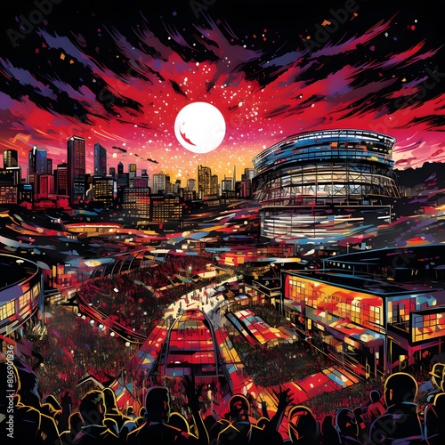 illustration of a night city with many people and big full moon