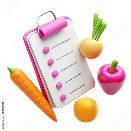 Grocery list icon, 3D render style, isolated on white or transparent background, cutout.