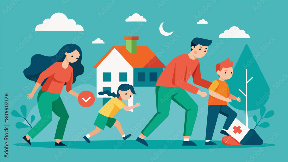 A family performing regular drills practicing evacuation routes and emergency protocols as they prepare for a catastrophic natural disaster.. A family performing regular drills practicing evacuation routes and emergency protocols as they prepare for a catastrophic natural disaster..