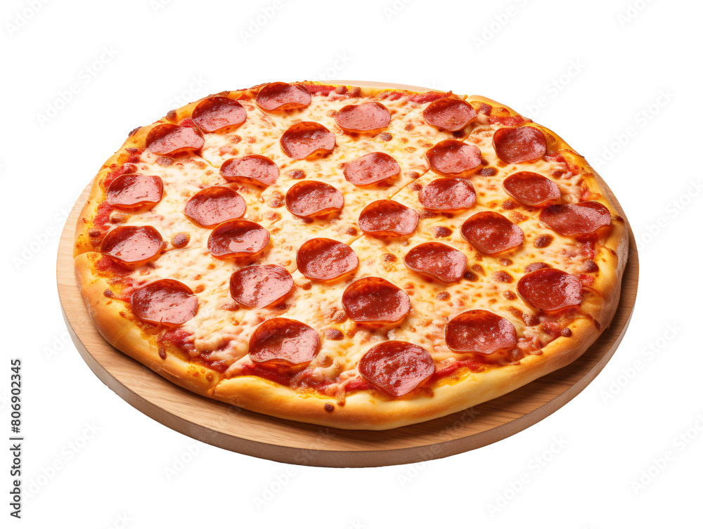 a pepperoni pizza on a wooden platter