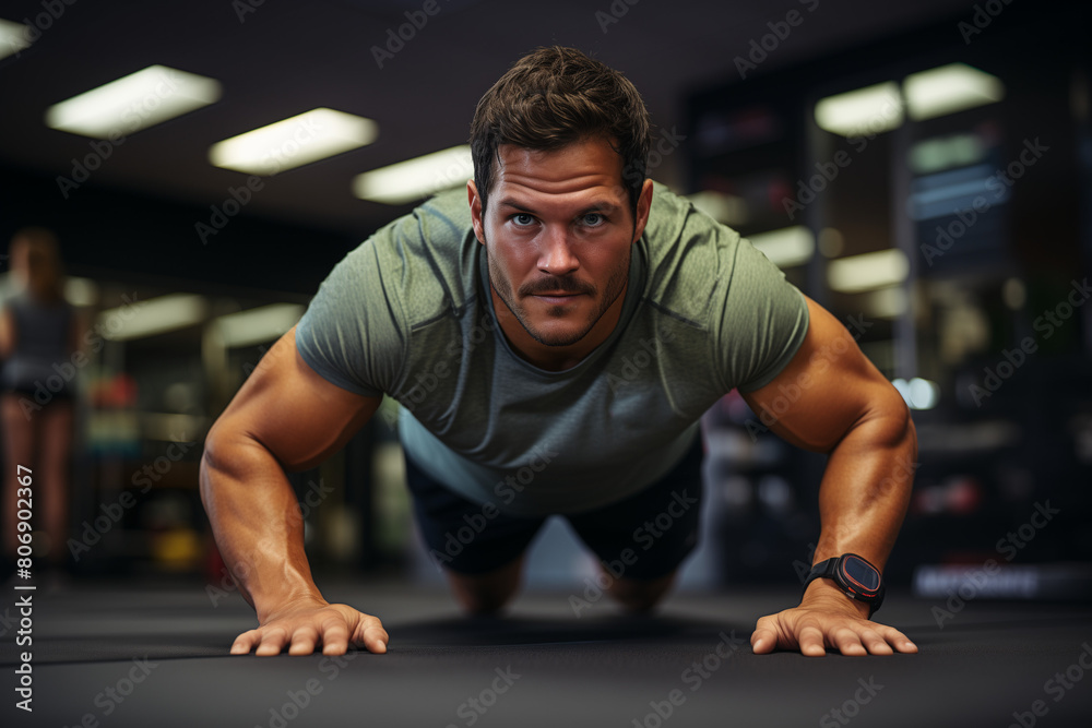 Push-ups in the Gym, A Determined Athlete Performing Intense Bodyweight Exercises for Physical Fitness and Muscular Strength Push-ups in the Gym, A Determined Athlete Performing Intense Bodyweight Exercises for Physical Fitness and Muscular Strength