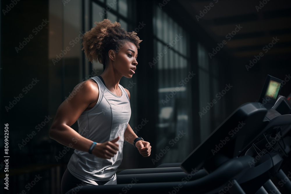 Cardio Fitness Afro-american Woman Running in the Gym, Motivated Athlete Pursuing an Active Lifestyle Through Indoor Running