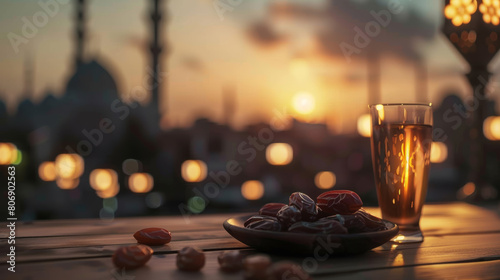 Tea glass and dates against a mosque silhouette at sunset.