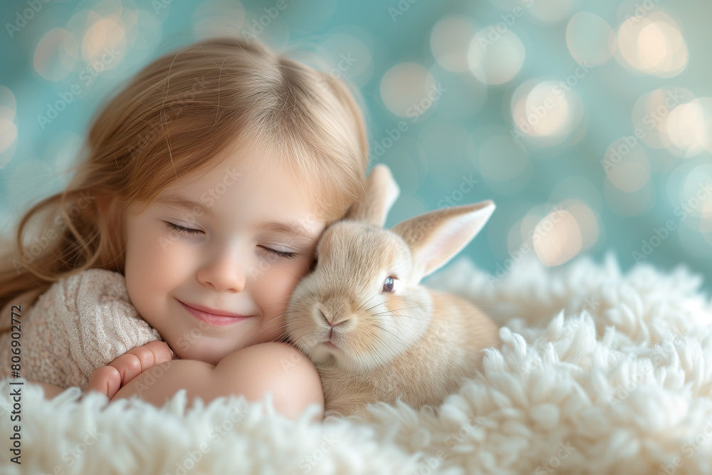 Girl with Easter bunny, adorable image for kids and pets, happy girl sleeping with fluffy animal on blue background Girl with Easter bunny, adorable image for kids and pets, happy girl sleeping with fluffy animal on blue background