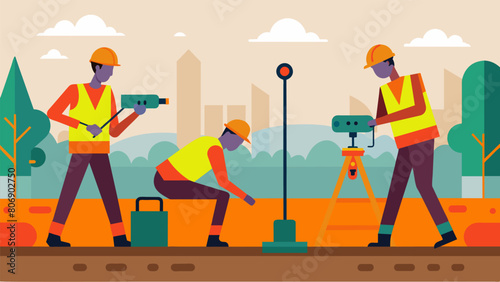 Workers using specialized equipment to drill holes and install soundabsorbing barriers deep into the ground around a construction site minimizing. Vector illustration