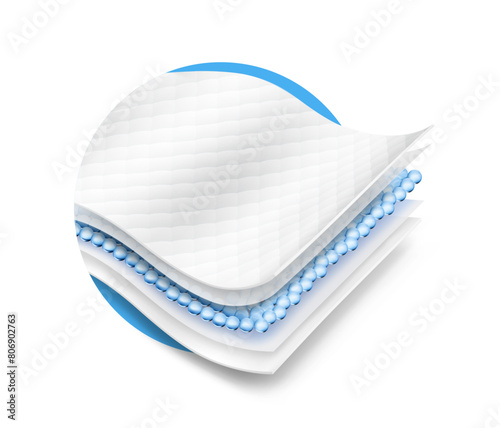 Five wavy layers and an intermediate layer. Suite for the presentation of diaper, wet wipes, sanitary pads, mats. Vector illustration isolated on white background. Template for your product. EPS10.