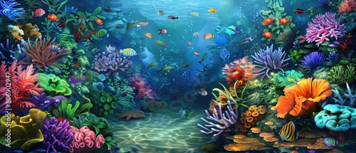 Underwater scene with colorful coral reef and tropical fish