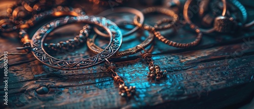 Close up of handcrafted jewelry on a textured wooden surface photo