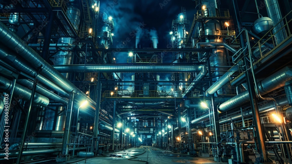Night shot of an industrial factory, with glowing steel pipelines and valves creating a futuristic look