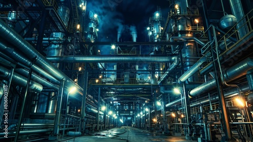 Night shot of an industrial factory, with glowing steel pipelines and valves creating a futuristic look