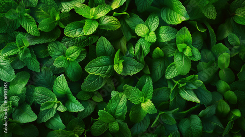Lush green mint leaves densely packed, offering a fresh and natural texture for backgrounds. photo