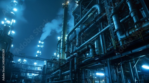 Night shot of an industrial factory, with glowing steel pipelines and valves creating a futuristic look