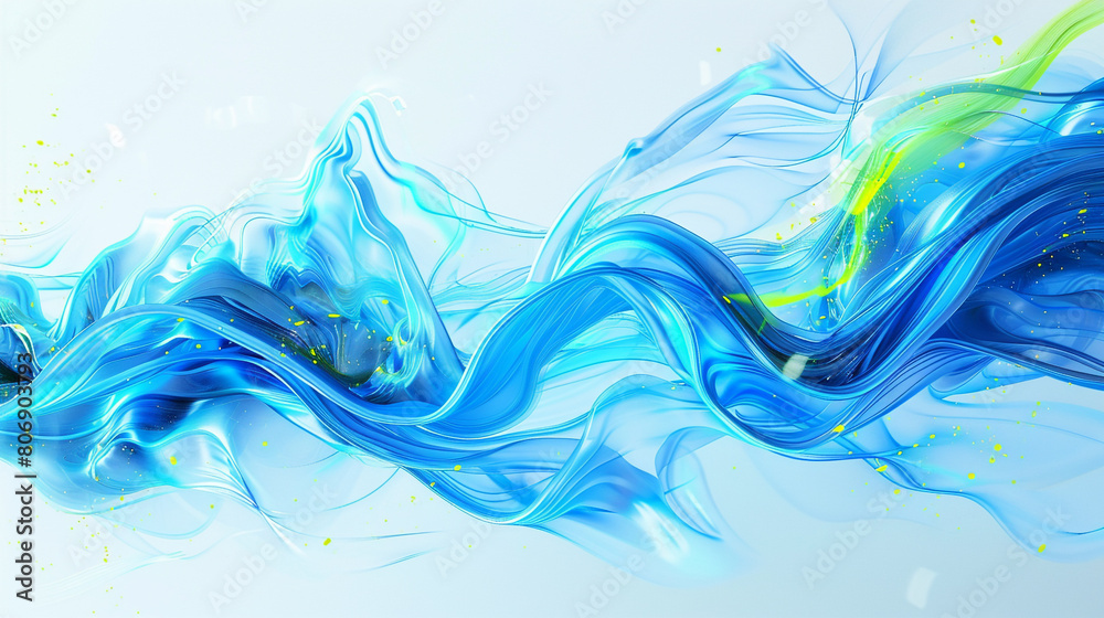  Electric blue waves cascading with flashes of neon green, creating a dynamic and futuristic abstract on a white background