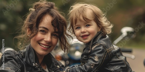 smiling woman wearing leather jacket and her toddler , motorbike in the background. ai generated © dark_blade