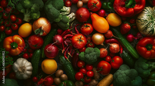 A vibrant assortment of fresh vegetables including tomatoes  peppers  and onions.