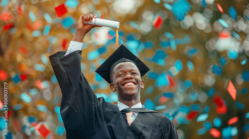 A young man in a black graduation gown is holding a diploma and smiling. African American student at a college awards ceremony with blurry falling confetti in the background.
