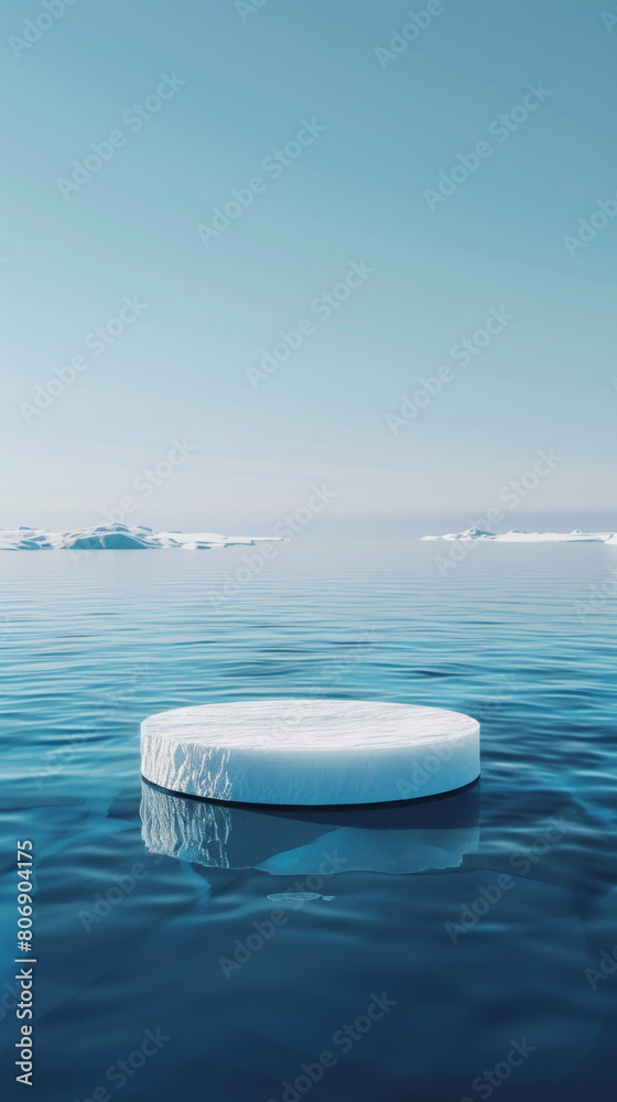 Vertical view of a round white ice block float in the blue water. Iceberg in the ocean in the form of a platform or podium with empty space for product placement or advertising text.