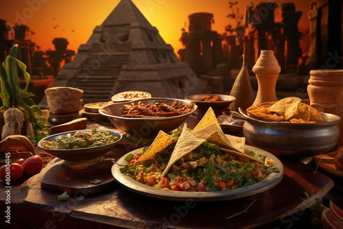 Typical Mexican cuisine and pyramid © Kokhanchikov