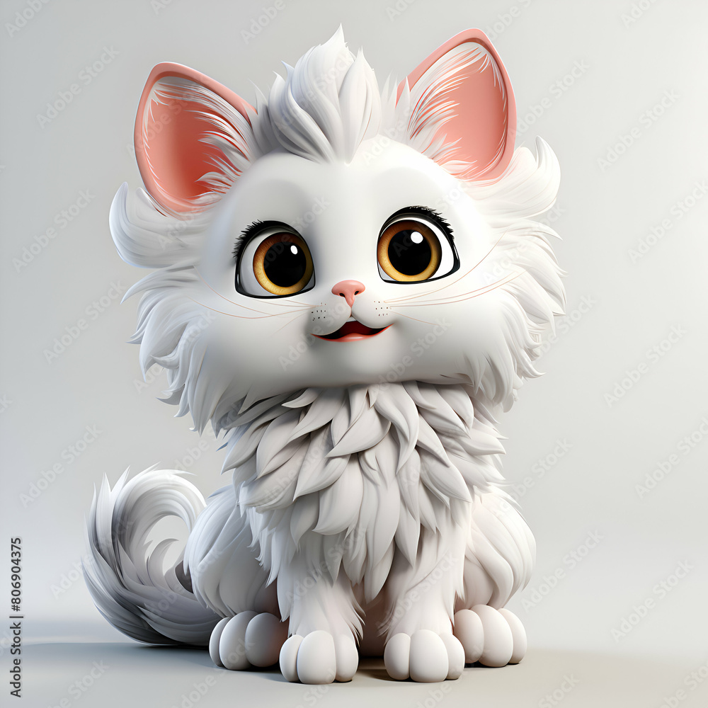 Obraz premium Cute white cat sitting on a gray background. 3d rendering