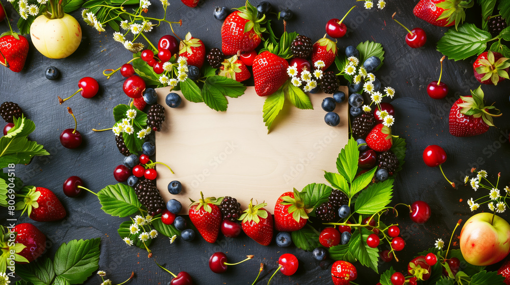 Colorful arrangement of assorted berries and fruits on a dark slate ...