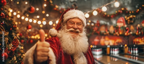 Santa claus triumphs in festive bowling alley, raising thumb in victory at end of lane photo