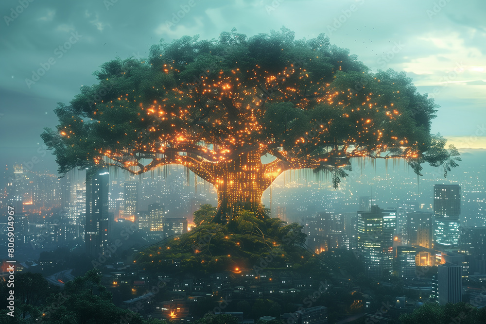 Illustration of beautiful glowing tree growing on cities representing digital technology in studio, 3D illustration Illustration of beautiful glowing tree growing on cities representing digital technology in studio, 3D illustration