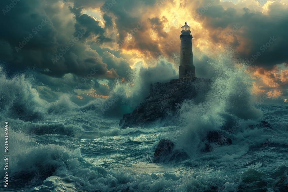 Lighthouse stands tall in the midst of ocean waves, under a cloudy sky