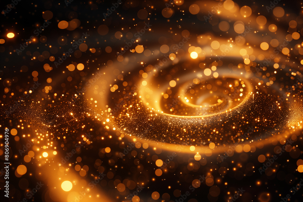 Obraz premium Abstract luxury swirling gold background with gold particle. Christmas Golden light shine particles bokeh on dark background. Gold foil texture. Holiday concept, 3D illustration
