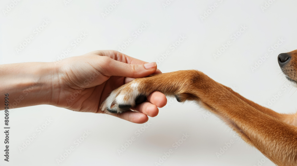 close-up of two hands, one human and one paw, touching gently against a stark white background, symbolic representation of human-animal bond close-up of two hands, one human and one paw, touching gently against a stark white background, symbolic representation of human-animal bond