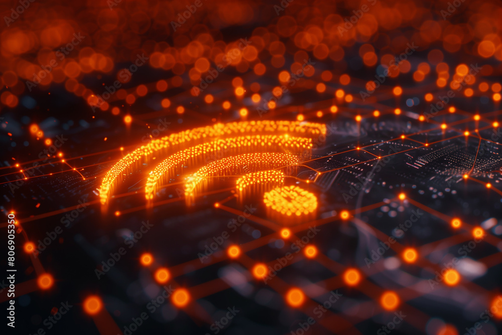 Wireless technology concept with wifi symbol against a futuristic, orange digital grid background. Network tech wallpaper, 3D illustration