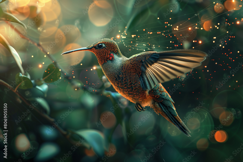Obraz premium Harmonious data flow concept with digital humming bird flying, 3D illustration