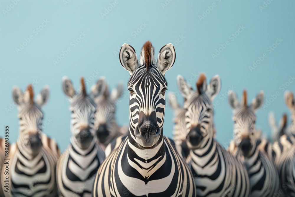 Fototapeta premium Standing out from the crowd concept with zebra in heard of horses