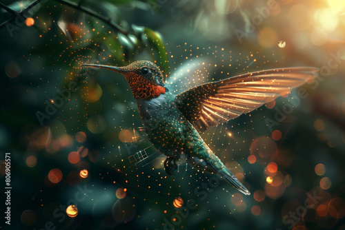 Harmonious data flow concept with digital humming bird flying, 3D illustration