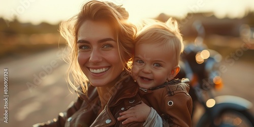 smiling woman wearing leather jacket and her toddler , motorbike in the background. ai generated © dark_blade