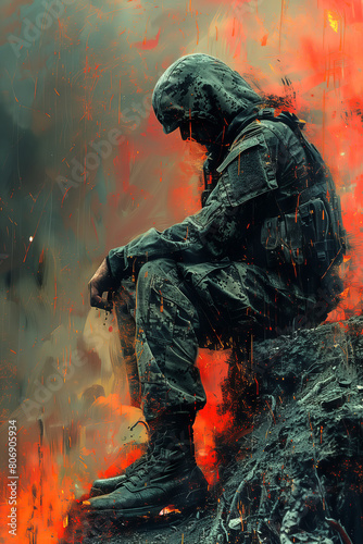 A soldier with Post-Traumatic Stress Disorder (PTSD), creative illustration. Mental disorder concept. photo