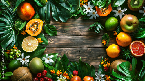 Vibrant display of exotic fruits and lush green leaves spread on a wooden background.