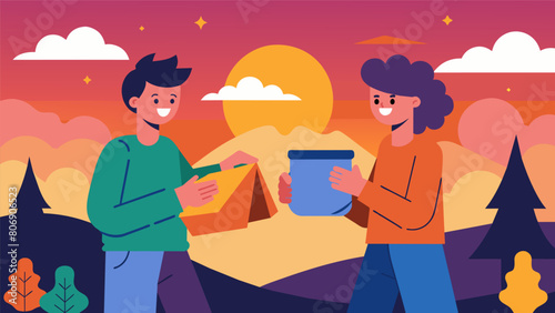 As the sun sets and the thrift store closes for the day two friends excitedly exchanging their thrift store finds and planning their next challenge.. Vector illustration