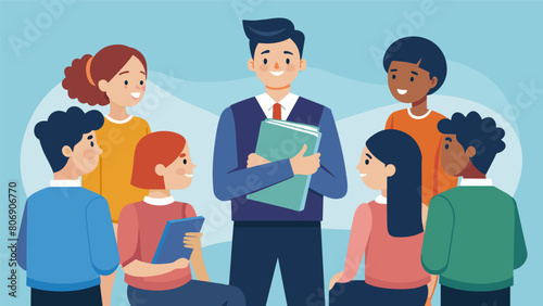 A group of hopeful students listen intently as a counselor explains the ins and outs of student loan forgiveness programs.. Vector illustration