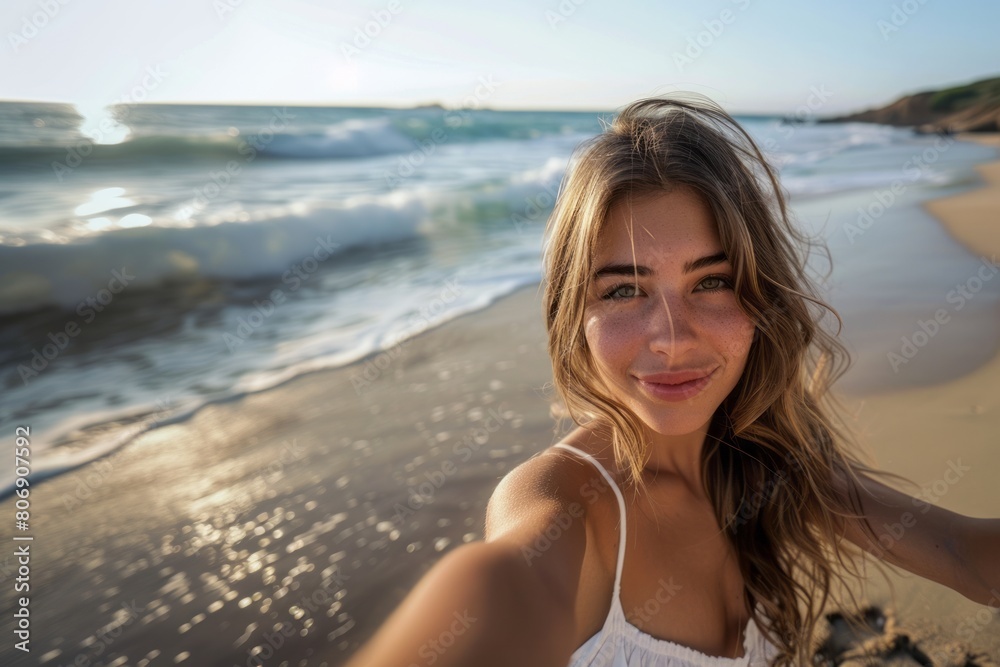Beautiful young woman doing selfie on the beach Beautiful young woman doing selfie on the beach